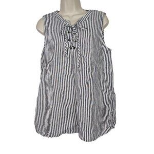 Christian Siriano Sleeveless Linen Lace Up Top Women Size L Blue White Striped